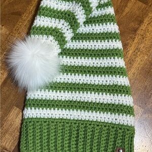 Green and White Striped Adult (OSFM) Elf Pom Pom Hat